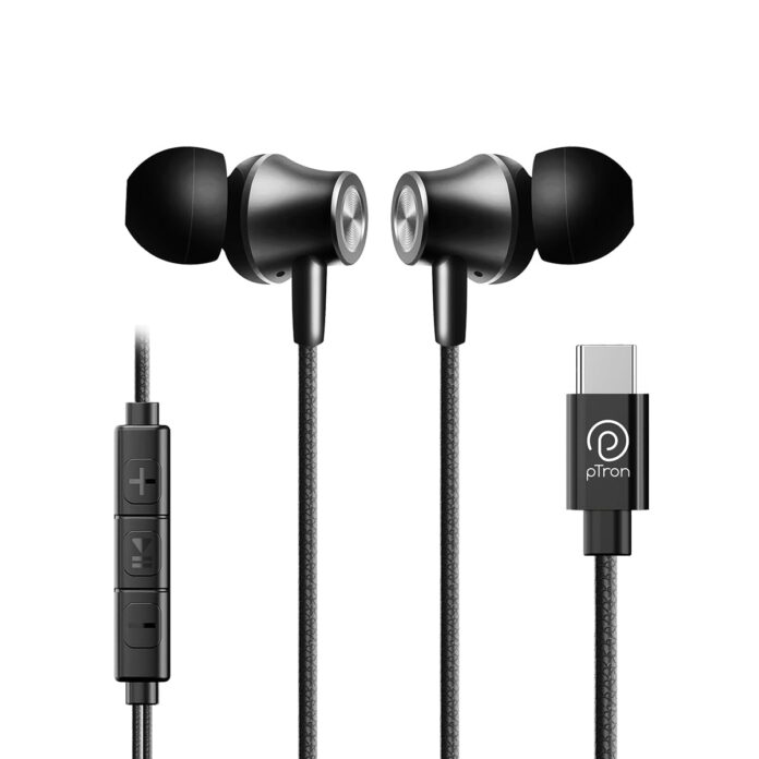 pTron Boom Play in-Ear Type C Wired Headphones with Mic, 10mm Drivers for Immersive Audio, 1.2m Fish Scale Style Tangle-Free Cable, in-line Controls, Metal Buds, Snug-fit & Wide Compatibility (Black)