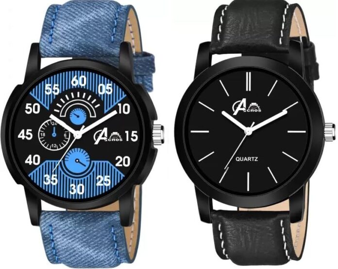 Acnos Analog Watch for Men Combo Pack of 2 Brown Blue and Black Dial Formal Design