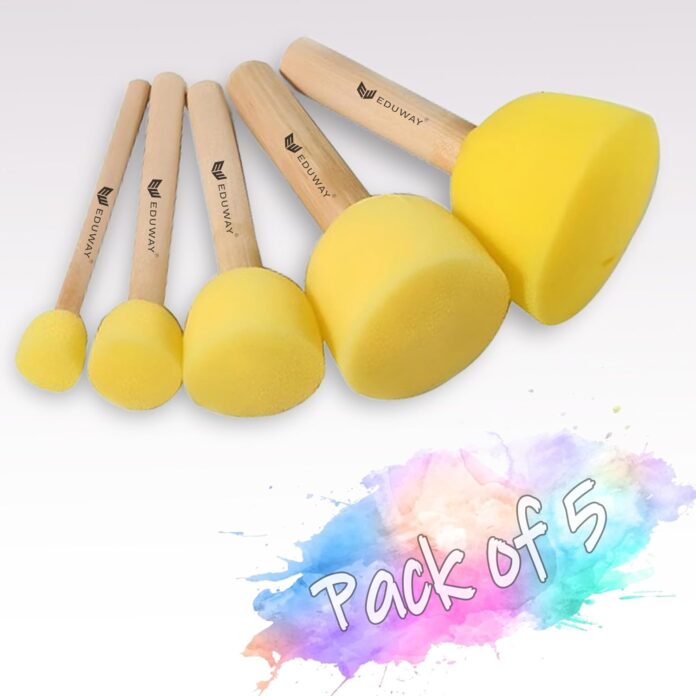 Eduway 5 Pcs Round Stencil Foam Sponge Dabber Set with Wooden Handle Brush Set for Art & Craft, Wall Paintings | Stippler Set DIY Painting Tools- (Assorted Sizes) (Pack of 1)