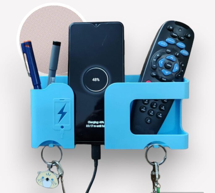 GEOCARTER Polypropylene Wall Mobile Holder,Multi-Purpose Phone Charging St&,Space Saving Remote,Keychain Holder&Pen-Pencil Organiser For Wall Mount,Portable Smart Gadget Mobile Accessories Blue,Pack-1