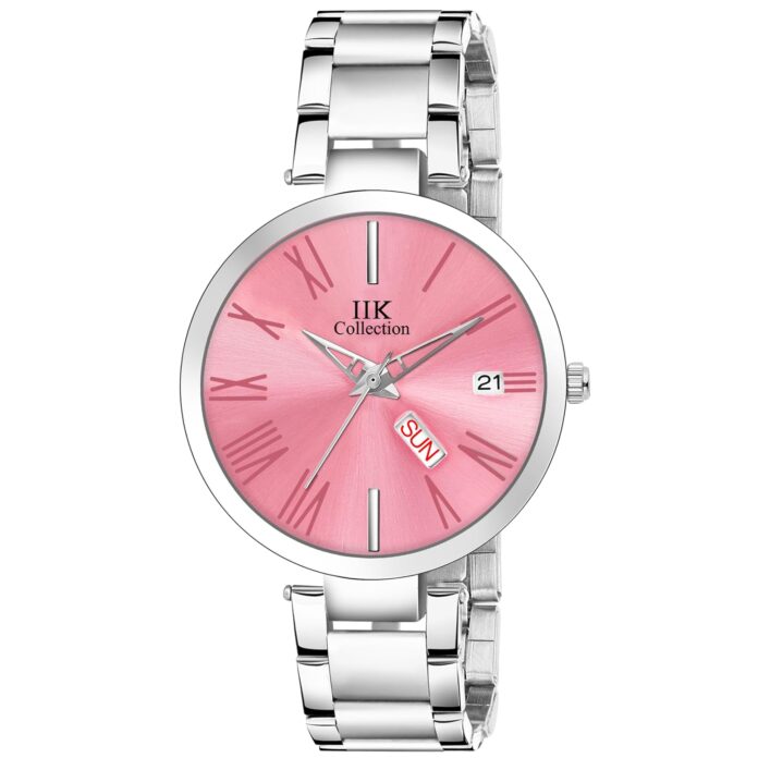 IIK COLLECTION Watches for Women Round Studded Dial |Day and Date Quartz Movemnet |Long Battery Life|Stainless Steel Bracelet Chain Strap|Double Lock Clasp Safety Watches for Girls