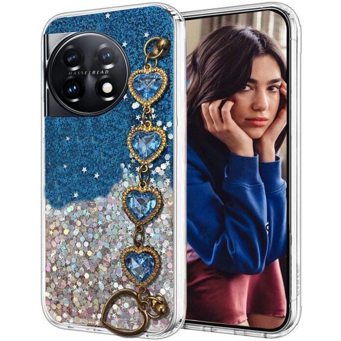 KC Back Cover for Oneplus 11 5G, Epoxy Dry Non Moving Luxury Diamond Bracelet Holder TPU Sparkle Stars Silicone Girls Women Camera Protection Case (Blue)