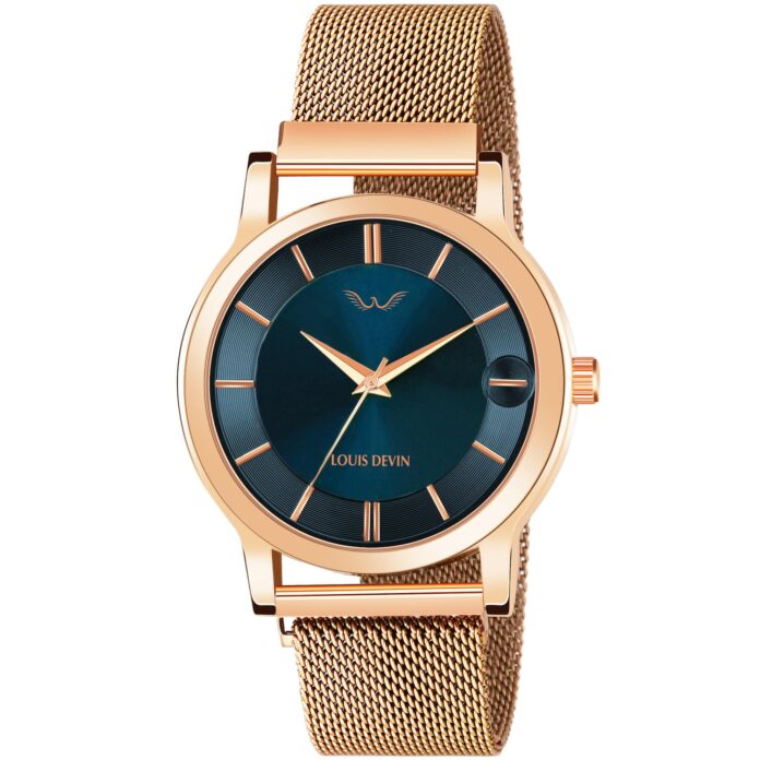 LOUIS DEVIN Rose Gold IP Plated Mesh Chain Analog Wrist Watch for Men (Blue/Green Dial) | LD-RG067-CH