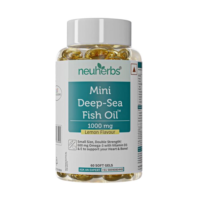 Neuherbs Mini Deep Sea Fish oil Omega 3 Capsule 1000mg- 60 Softgels for Men & Women |2X Omega 3 with 360mg EPA & 240mg DHA | Fish oil capsules with Vitamin D3 & E for Muscle, Brain, Heart, Eyes & Joints Support | No Fishy Burps-Lemon Flavour