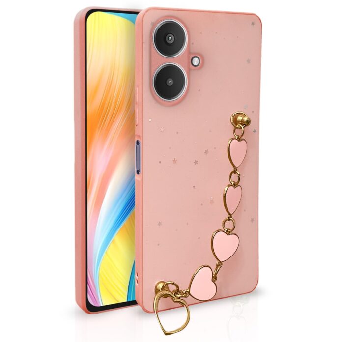 Pikkme Redmi 13C 5G Back Cover for Girls | Heart Shaped Metal Chain Blocks | Sparkling Soft TPU | Case for Redmi 13C 5G (Pink)