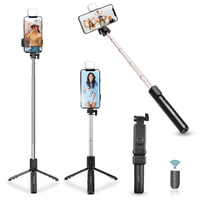 Selfie Stick Tripod with Light, Selfie Stick Tripod with Bluetooth Remote Detachable Mobile Holder, Bluetooth Stick Compatible for iOS/Android, Tripod with Selfie Stick Ideal for Vlogs & Photo Shoot