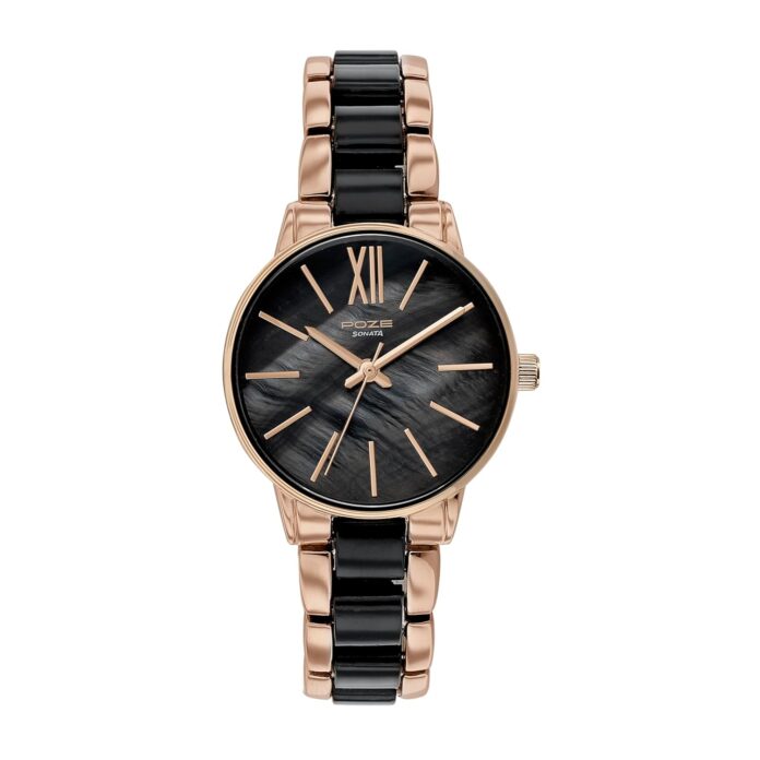 Sonata Poze Quartz Analog Mother of Pearl Dial Metal & Plastic Strap Watch for Women-SP80051KD02W