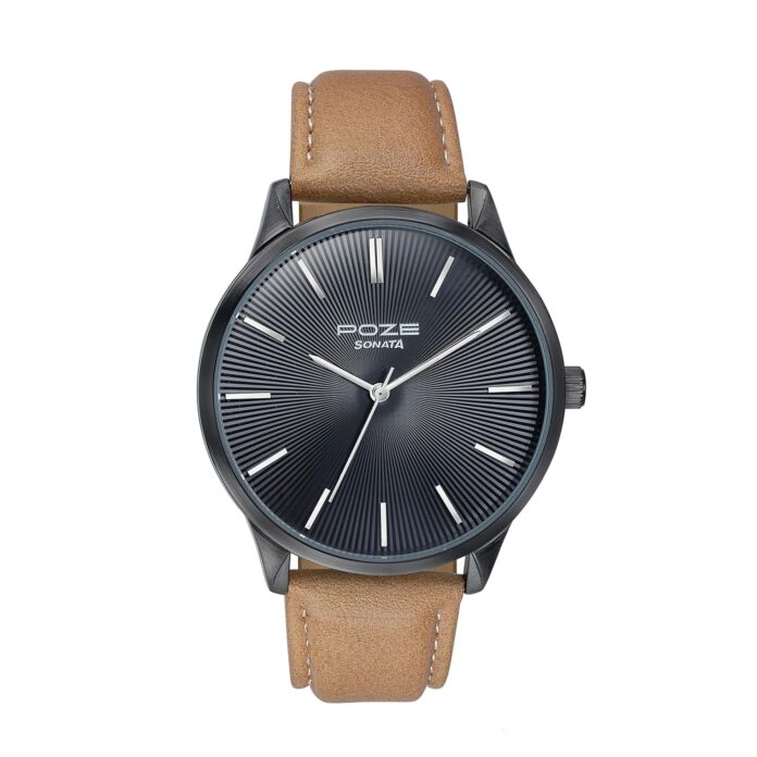 Sonata Poze Quartz Black Dial Tan Leather Strap for Men-SP70046NL01W