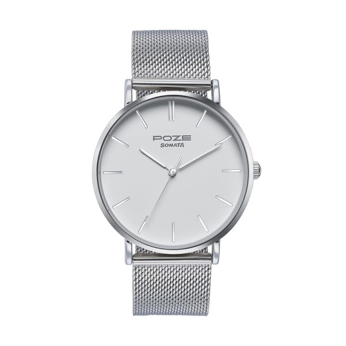 Sonata Poze Quartz White Dial Silver Metal Strap for Men-SP70034SM02W