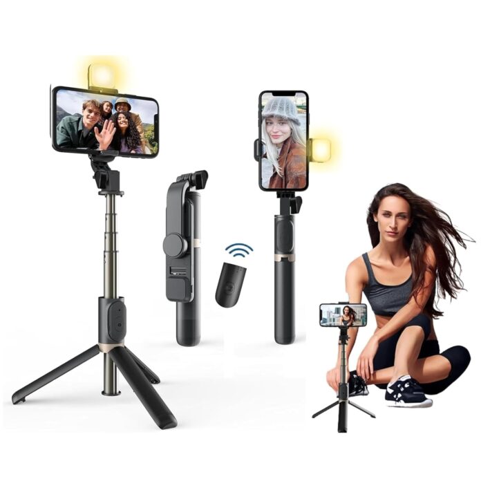 TARAVEE,i17 Selfie Stick with Tripod Stand,Extendable Bluetooth Selfie Stick for Mobile Phone,LED Light,Compatible with iPhone & 360 Degree Rotation,Selfie Stick Tripod Stand 4 in 1 Photography,selfi