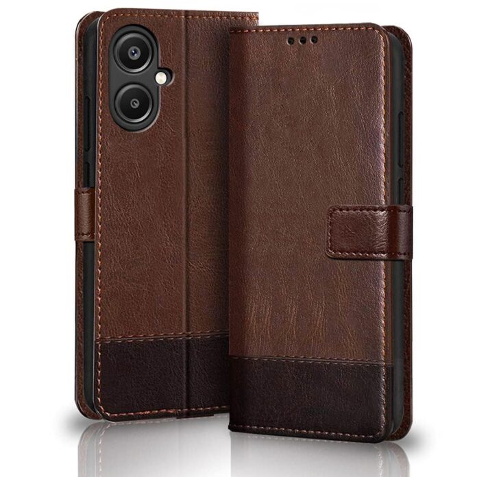 TheGiftKart Flip Back Cover Case for Samsung Galaxy M05 / A05 / F05 | Dual-Color Leather Finish | Inbuilt Stand & Pockets | Flip Back Cover for Samsung M05 / A05 / F05 (Brown with Coffee)