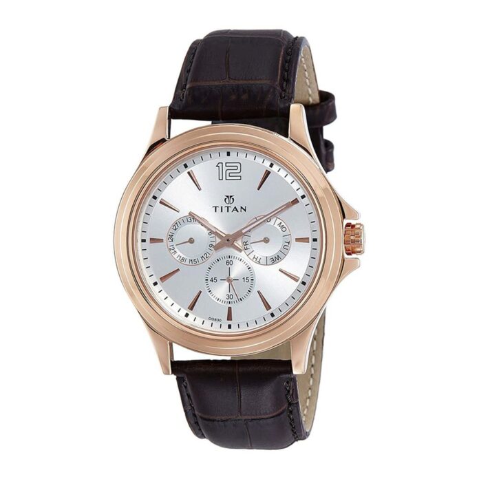 Titan Quartz Multifunction White Dial Leather Strap Watch for Men-NS1698WL01