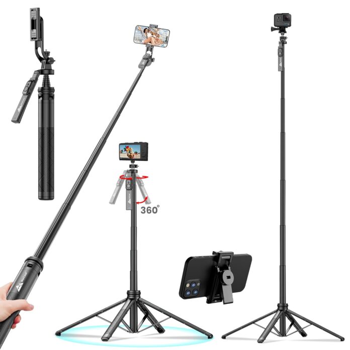 WeCool S7 Selfie Stick with tripod stand, 71 inches Ultra Long with Reinforced Quad Stand, 360° Rotatable Handle with Detachable Bluetooth Remote. Ultimate Stability for Vlogging with Cameras & GoPros