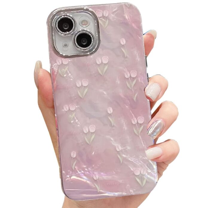 mobistyle Designed for iPhone 15 | Camera Lens Protection |Tulip Flower Pattern Print Design TPU+PC for Women Teen Girls Phone Back Cover Case (Tulip Pink)