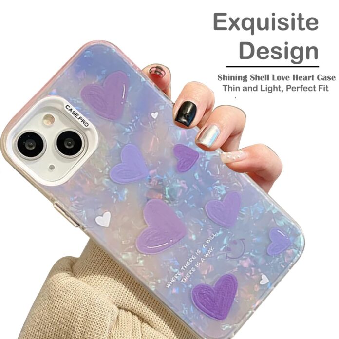 mobistyle Designed for iPhone 15 Cover Cool Shining Shell Love Heart Pattern Design with TPU Edges Phone Back Cover Case for Girls Women (Bling Heart Purple)