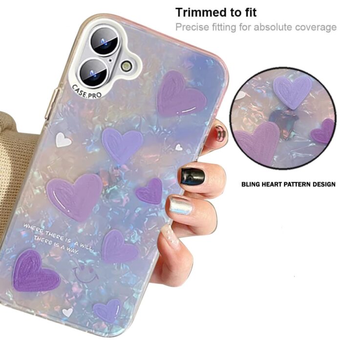 mobistyle Designed for iPhone 16 Cover Cool Shining Shell Love Heart Pattern Design with TPU Edges Phone Back Cover Case for Girls Women (Bling HEARTPURPLE)