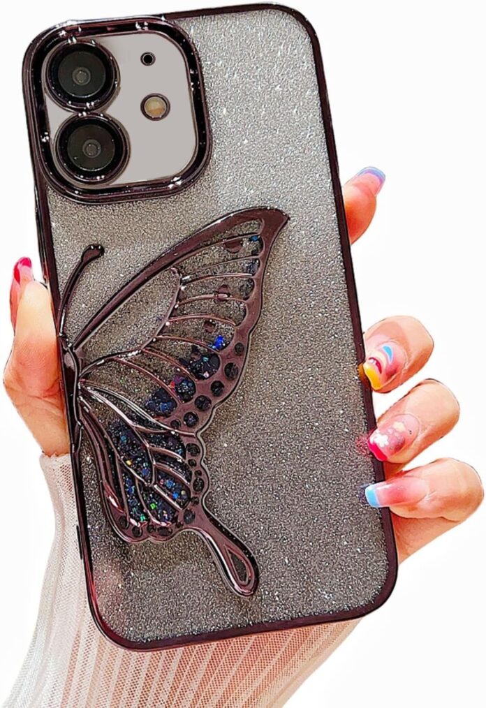 mobistyle Thermoplastic Polyurethane Designed For iPhone 12 Cover With Glitter Cute Butterfly Electroplate Plating Design Back Cover Case For Women Teen Girls (Black)