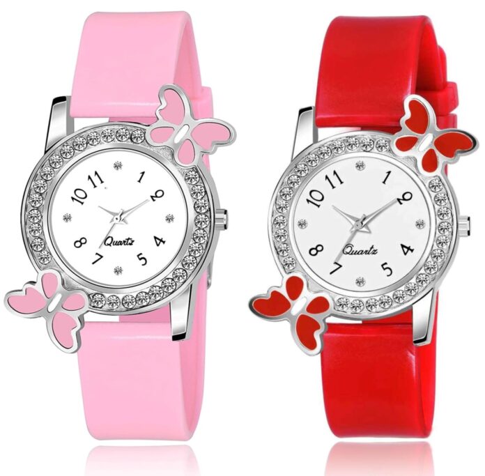 Acnos® Premium White Dial Diamond Analog Watch for Girls Best Design Butterfly Combo 2 Pack of 2