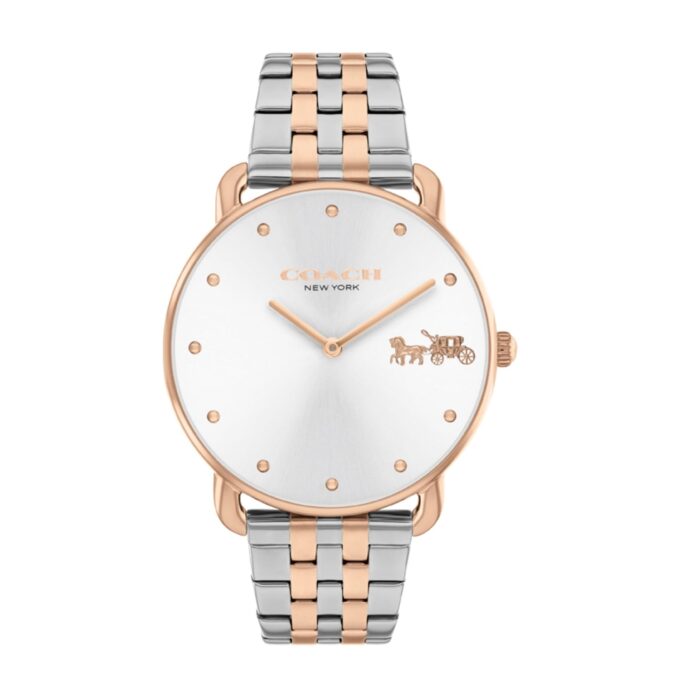 Coach Elliot Qtz Basic Silver White Round Dial Women's Watch|Ionic Plated Rose Gold Steel Material|Gold Color Band - 14504293