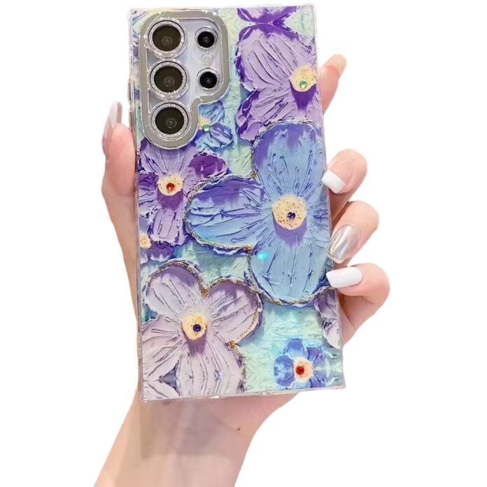 Elzzi Compatible with Samsung S24 Ultra Case Laser Flower Oil Painting Cute Colorful Blue Ray Bumper with Full Camera Protection Shockproof PC+TPU Glossy Shiny Cover for Girls Women,Green