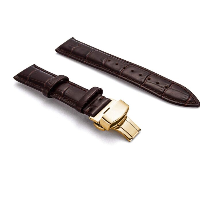 Ewatchaccessories 19mm Genuine Leather Watch Band Strap Fits Seamaster Speemaster Moon watch Brown Deployment Yellow Buckle