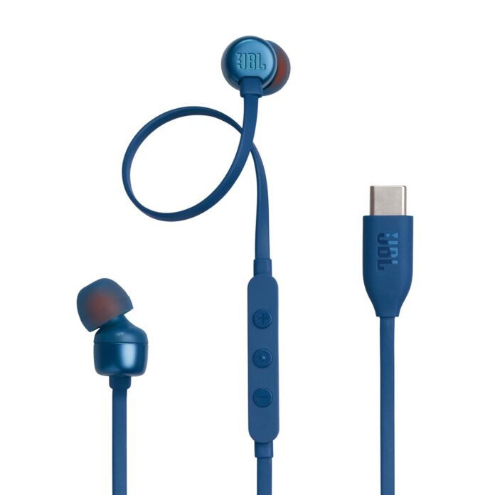 JBL Tune 310 Wired in-Ear Type C Headphones, Hi-Res Audio with Digital-to-Analog Converter, 3-Button EQ Preset Remote with Microphone, Tangle-Free Flat Cable, Compatible with USB-C Devices (Blue)