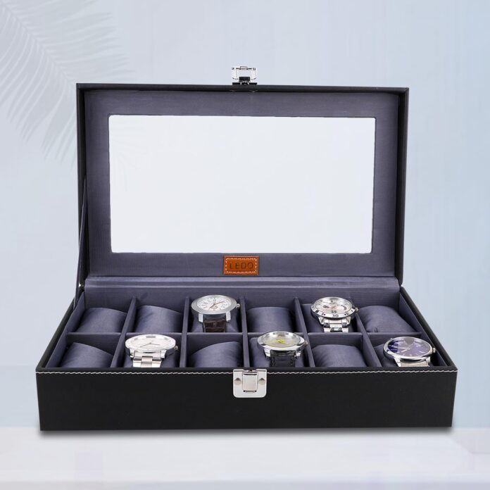 LEDO Men's and Women's Watch Box Holder Organizer Case In 12 Slots of watches In PU Leather with Black & Gray