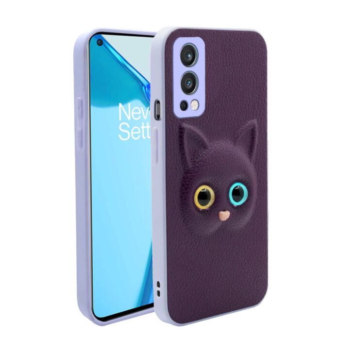 Pikkme Oneplus Nord 2 5G Back Cover for Girls | Cute Cat Leather Finish | Soft TPU | Case for Oneplus Nord 2 5G (Purple)