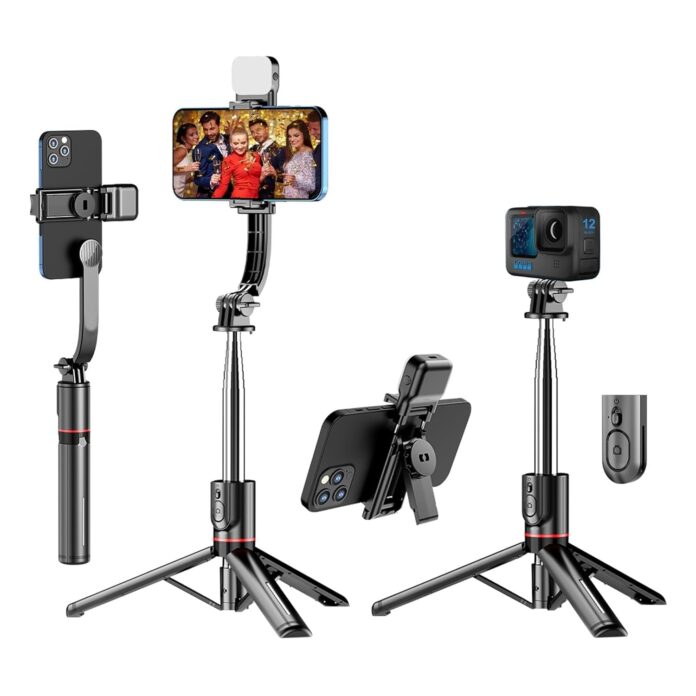 Sounce Selfie Stick Tripod Stand with Detachable Light, 6 shades (3 Colors & 2 Tones), 45 inches 360 Degree Rotatable Bluetooth Tripod for Vlogging, Video Compatible with Mobile, GoPro, Camera - Black