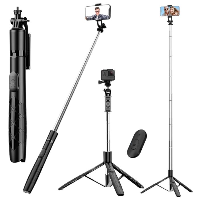 WeCool 62inc / 144cm Long Sefie Stick with Tripod Stand, Large Reinforced Tripod Base, Selfie Stick for Mobile Phone with 6 Section Telescopic Adjustment & 1/4