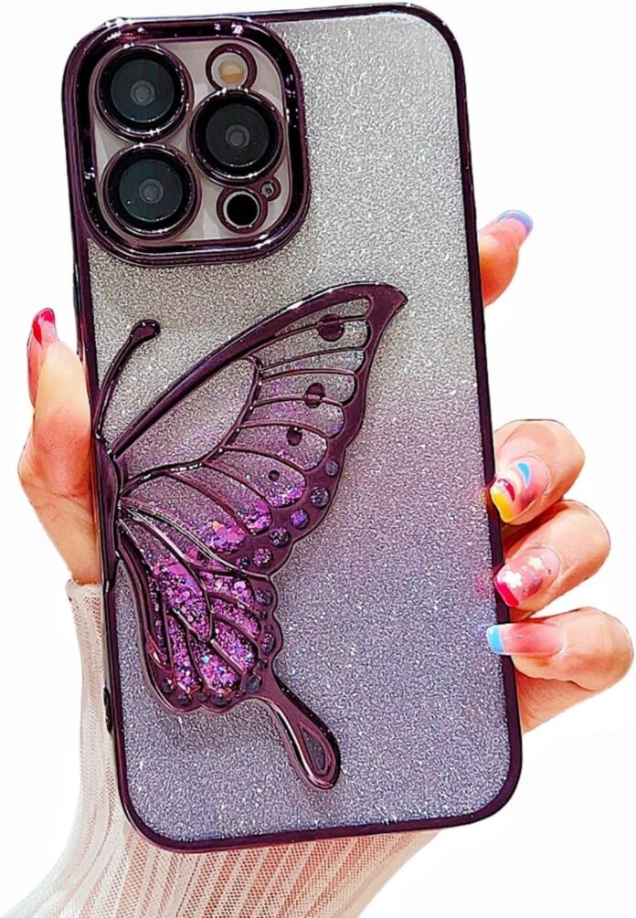 mobistyle Silicone Designed For iPhone 15 Pro Max Cover With Glitter Cute Butterfly Electroplating Design Back Cover Case For Women Teen Girls (Purple)