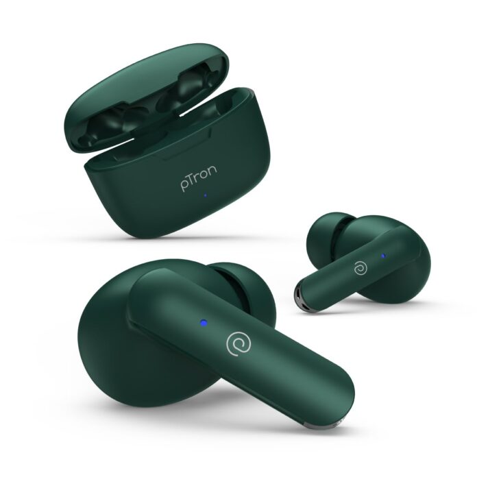 pTron Bassbuds Duo in-Ear Wireless Earbuds, Immersive Sound, 32H Playtime, Clear Calls TWS Earbuds, Bluetooth V5.1 Headphone, Type-C Fast Charging, Voice Assistant & IPX4 Water Resistant (Dark Green)