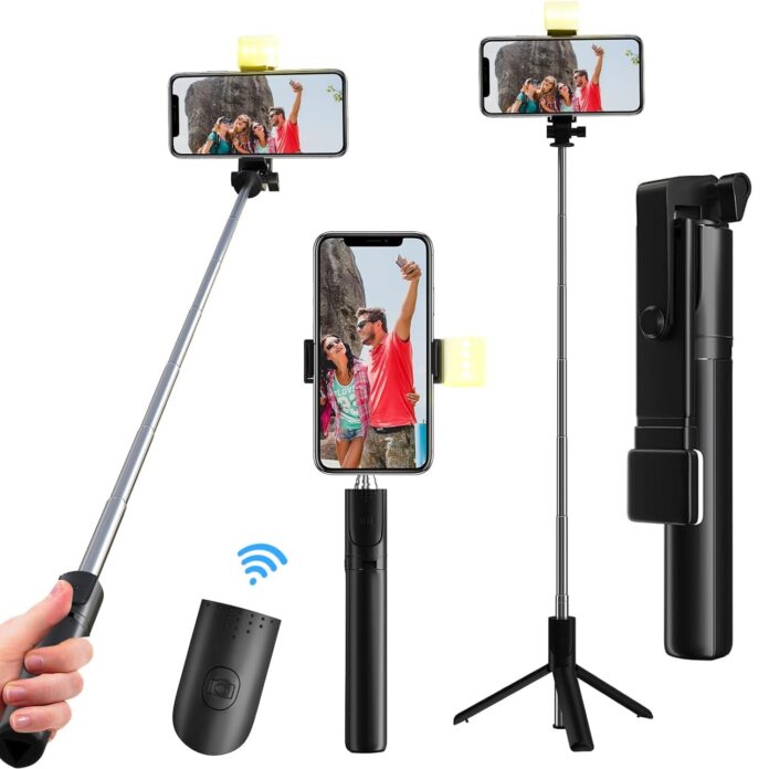 Action Pro Selfie Stick with Tripod Stand, 3 in1 Multifunctional design, Rechargable LED Light with Two Brighness Levels for Make up, Selfie, Vlogging & Photo Shoot, Selfie stick with Bluetooth Remote