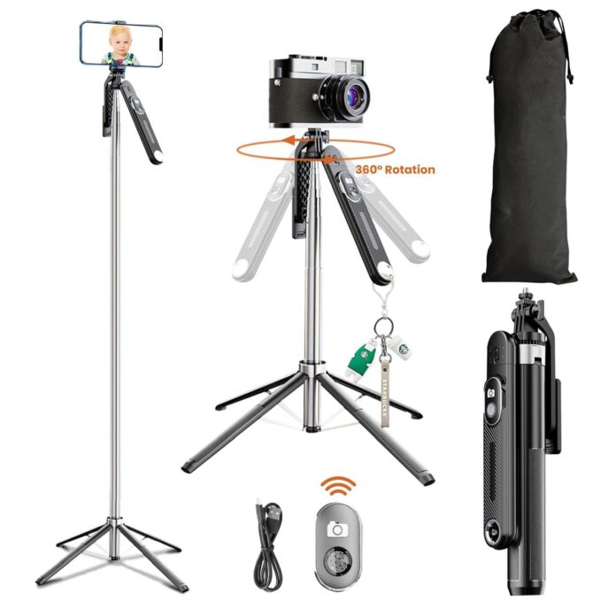 Dravina Selfie Stick Tripod with Rechargeable Remote. 180cm Tripod Stand with Stable 4 Leg Design, 360° Rotation, 270° Tilt, Balance Handle Tripod for iPhone, Camera, Gopro, Ring Light, Shooting