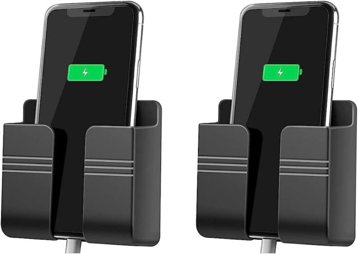 EASYSHOP Wall Mounted Mobile Holder Storage Case for Remote, Wall Mounted Mobile Stand/Multi Purpose Stand with Hole for Phone Charging (Black-Pack of 2)