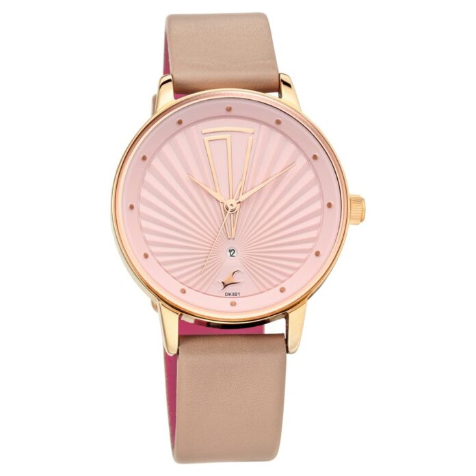 Fastrack Ruffles Quartz Analog with Date Pink Dial Leather Strap Watch for Girls-NS6206WL02