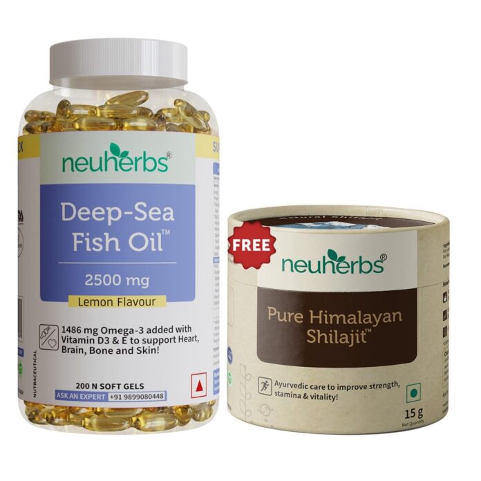 Neuherbs Omega 3 Fish Oil Capsules- 200 Softgels & Shilajit Resin-15 Gm Combo for Men & Women |892 Mg EPA and 594 Mg DHA |Omega-3 & Shilajit pack for Muscle, Strength & Stamina.