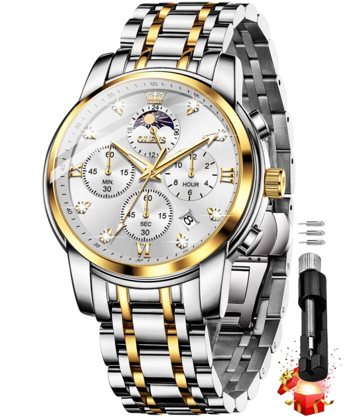 OLEVS Chronograph Watches for Men Original Analog Quartz Black Stainless Steel Chain Luxury Dual Time Zone Moon Phase Date Waterproof Men's Wrist Watch