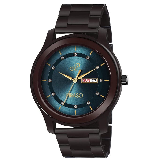 PIRASO Stainless Steel Classy Look Blue Dial And Brown Chain Analog Watch For Men Boys, Band Color:Black