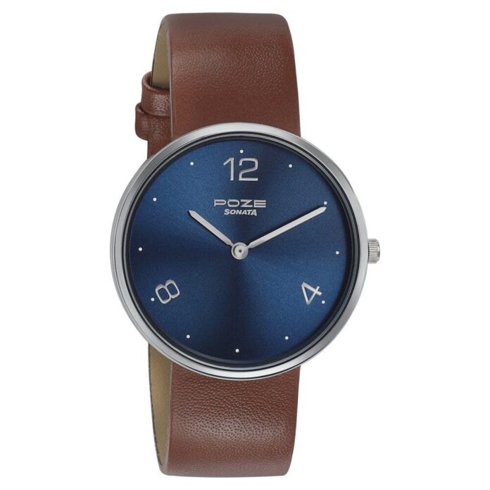 Sonata Poze Quartz Analog Blue Dial Leather Strap Watch for Men-SP70007SL01