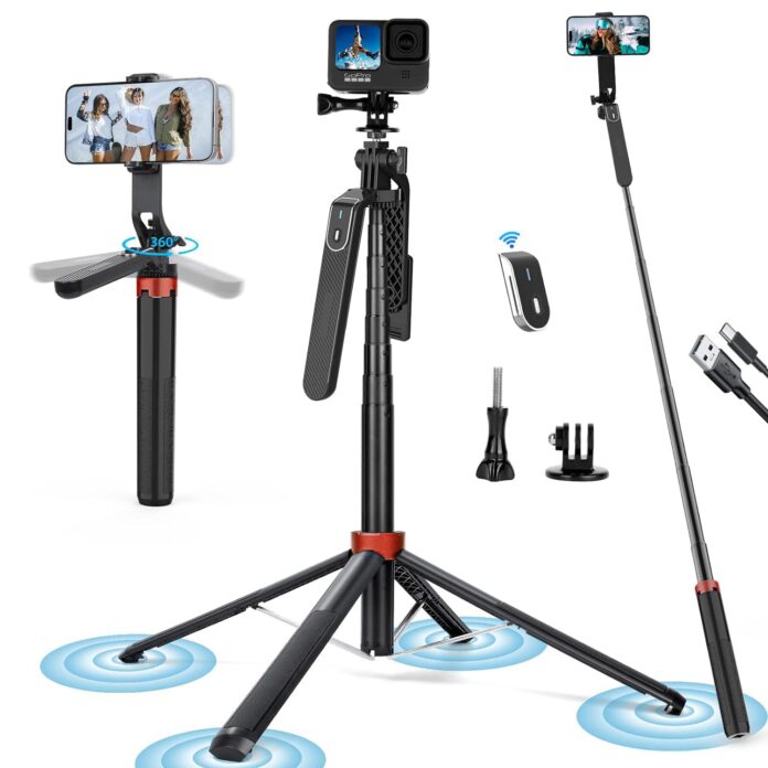 Sounce Selfie Stick with Tripod Stand with 360 Degree Rotation & Detachable Wireless Remote, 71 inches/180cm Selfie Stick for Vlogging, Tripod for YouTube video, Selfie Stick compatible all Smartphone