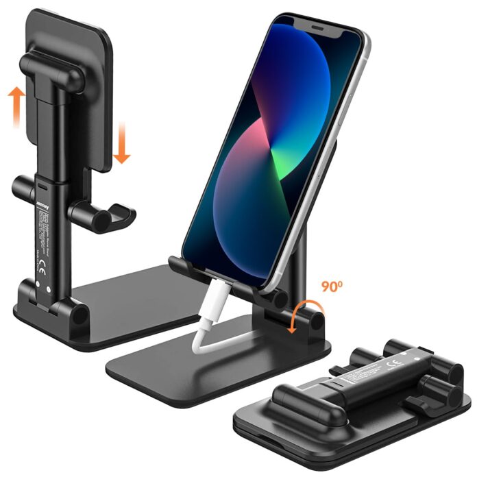 Tukzer Tabletop Fully Foldable Desktop Tablet Mobile Stand Holder with Angle & Height Adjustable for Desk, Cradle, Dock, Compatible with Smartphones & Tablets (Black)