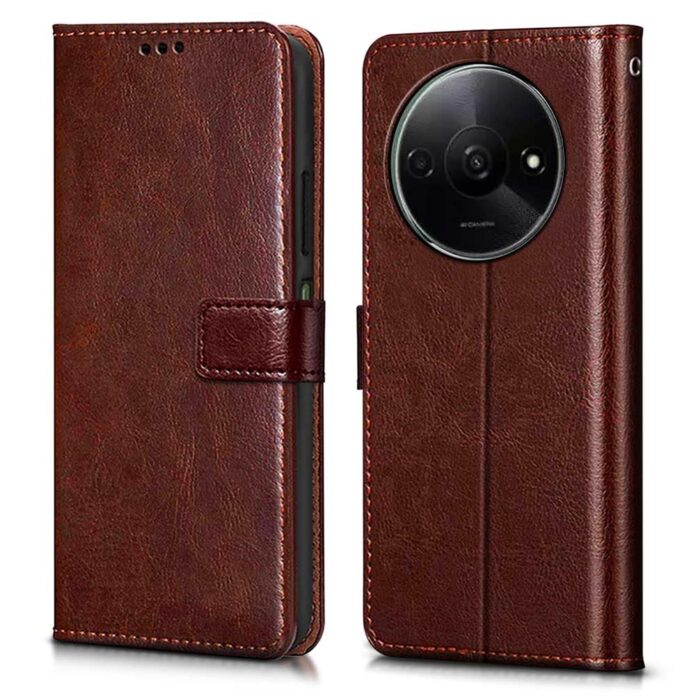 WOW IMAGINE Shock Proof Flip Cover Back Case Cover for Mi Redmi A3 | Redmi A3X | Poco C61 (Flexible | Leather Finish | Card Pockets Wallet & Stand | Brown)