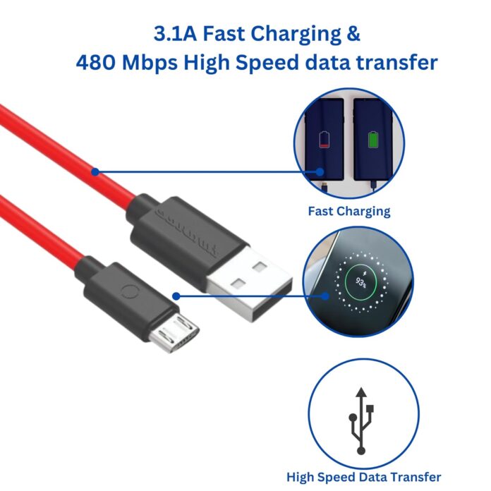 twance 1m Type A to Micro USB Cable - Red I 3.1 A Fast Charging 480 Mbps Data Transfer Speed Data Cable for Smartphone I compatible with Android Phones/Tablets Tangle-free