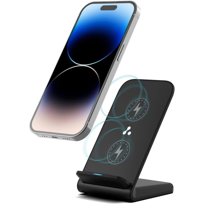 Ambrane 15W Wireless Charging Stand for iPhone 14/13/12 Series, Galaxy S23/S22/S21/S20/Note20 Series, OnePlus 9/9 Pro, Apple Watch & Other Qi Devices (Powerpod, Black)