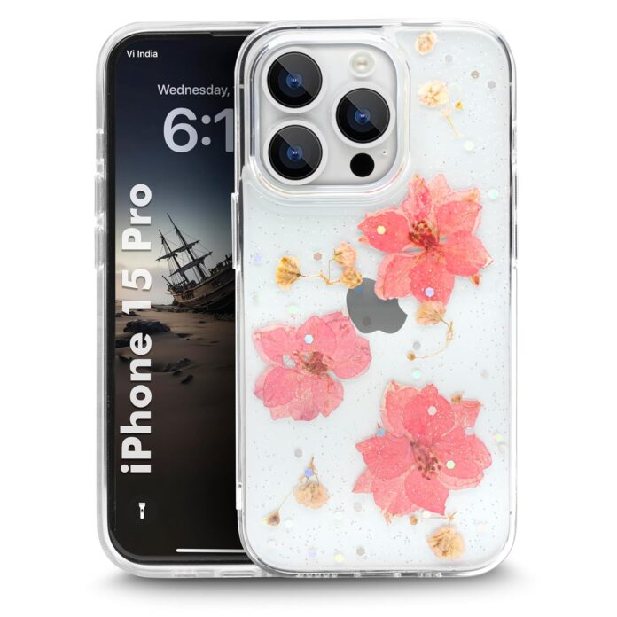 Enflamo Clear Silicone Case Back Cover for iPhone 15 Pro | Floral with Pressed Dry Real Flowers (Pink)