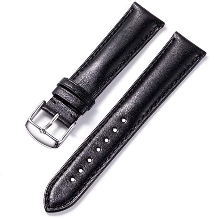 Ewatchaccessories 19mm Genuine Leather Watch Band Strap Fits Seamaster Speemaster Moon watch Black Silver Buckle