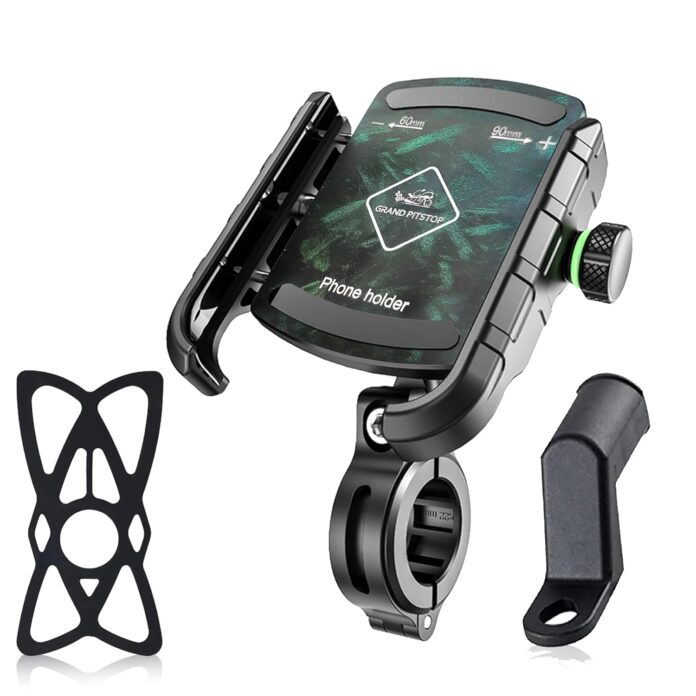 GRAND PITSTOP Mobile Holder for Bikes, Motorcycle, Scooter, Bicycles, Jaw Grip Bike Mobile Holder, Aluminium Handlebar Phone Holder for Maps and GPS Navigation with 360° Rotation Stand - Green Texture