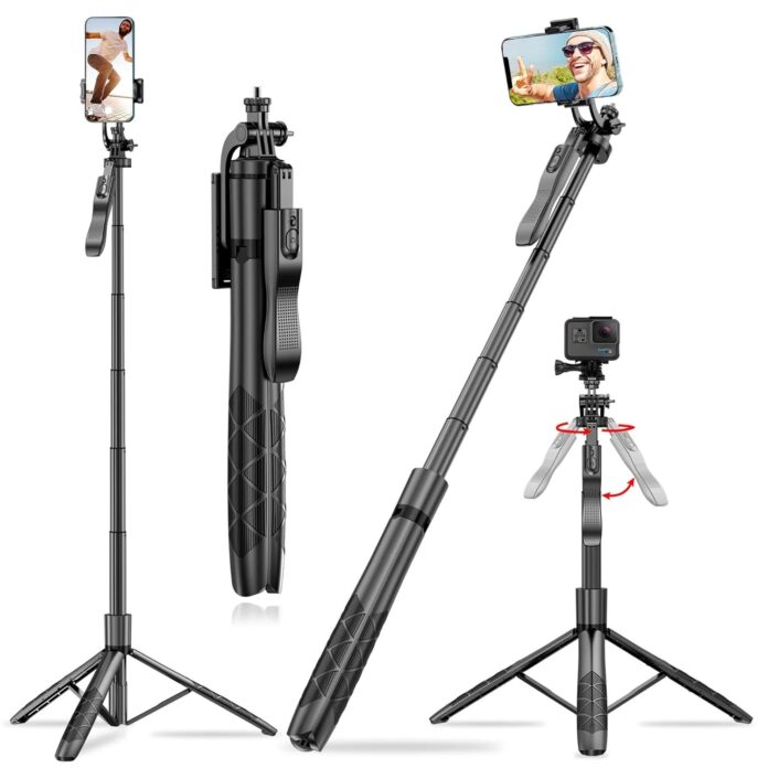 Kratos Long Selfie Stick Tripod Aluminum Rod 65inch/165cm, 360 Rotating Handle & Reinforced Tripod Stand, Selfie Stick for mobile with Bluetooth Remote & Suitable for Vlogging,Ring Light, Gopro,Camera