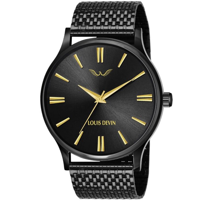LOUIS DEVIN LD-BK047-GLDBLK Black Dial and Band Stainless Steel Metal Chain Analog Wrist Watch for Men